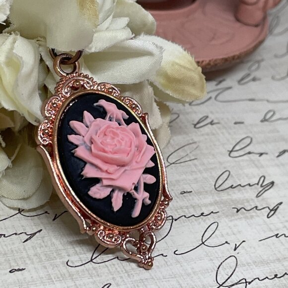 Gothic Steampunk Halloween Rose Gold Necklace Black Pink Rose Cameo Jewelry - Picture 4 of 11